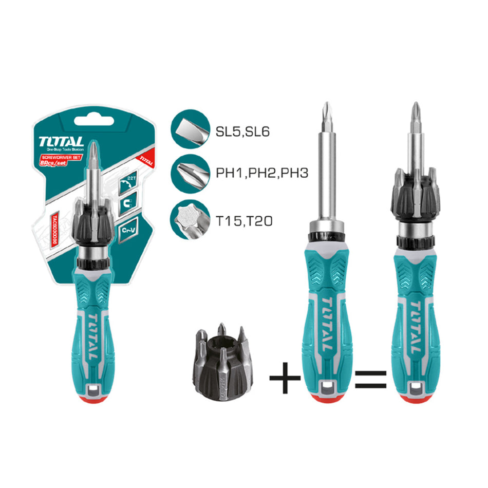 DESTORNILLADOR RACHE JUEGO X 8 PZS INTERCAMBIABLES TOTAL (TACSD30086)