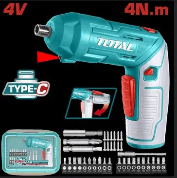 ATORNILLADOR INALAMBRICO 4V ESTUCHE PLASTICO + 20 PUNTAS TALADRO DE 25MM, 2 DE 50MM, 1 BROCA Y CONECTOR SUPER TOTAL (TSDLI04425)