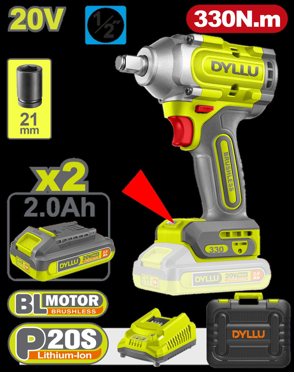 PISTOLA IMPACTO INALAMBRICA 1/2 20V 330NM INCLUYE 2 BATERIAS 2.0AH 1 CARGADOR DYLLU (UDTCD1B33)