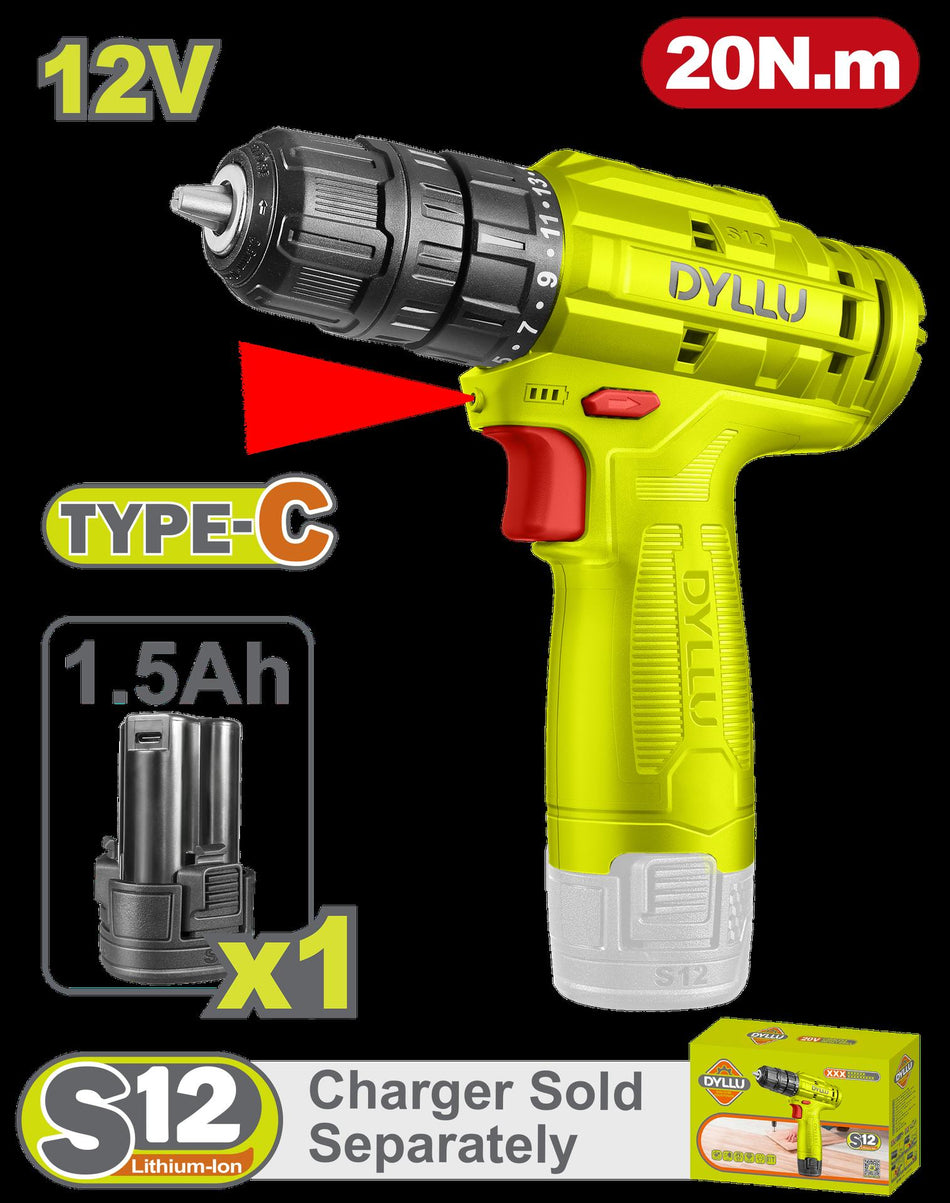 TALADRO INALAMBRICO 3/8 12V 20NM INCLUYE 1 BATERIA 1.5AH CARGADOR NO INCLUIDO DYLLU (DTCDS510)