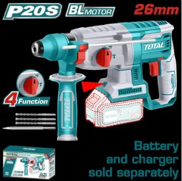 TALADRO ROTOMARTILLO 20V SDS PLUS 2,5 JULES INCLUYE 3 BROCAS Y 1 CINCEL CARGADOR Y BATERIA NO INCLUIDO SUPER TOTAL (TRHLI20228)