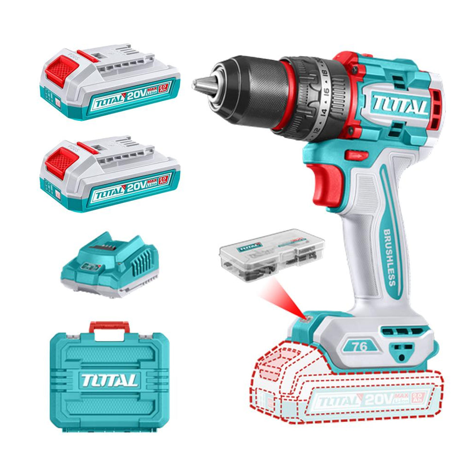 TALADRO INALAMBRICO PERCUTOR 1/2 20V 76 N.M INCLUYE 2 BATERIA DE 2.0AH, CARGADOR,47 ACCESORIOS,3 BROCAS CONCRETO INDUSTRIAL SUPER TOTAL (UTIDLI20768)