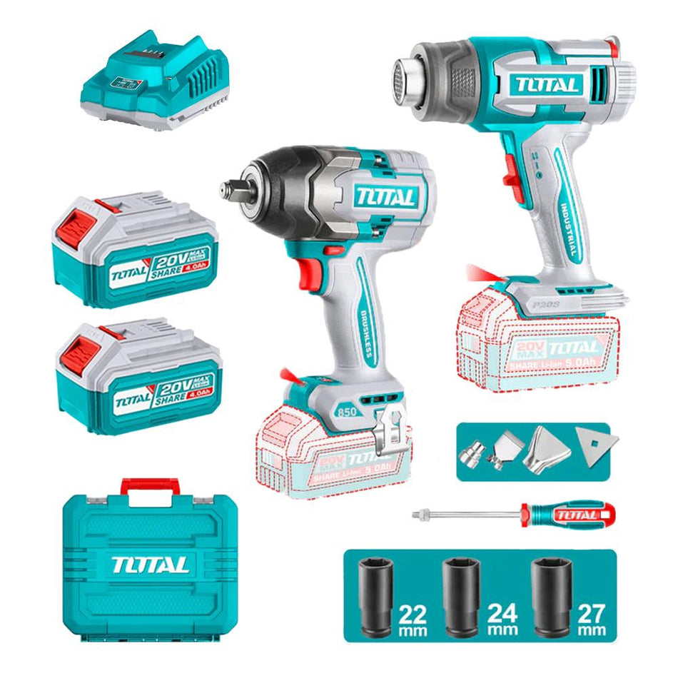 COMBO INALAMBRICO 20V PISTOLA IMPACTO 1/2 850NM + COPAS (22-24-27) + PISTOLA CALOR INALAMBRICA 20V CON TEMPERATURA AJUSTABLE PANTALLA LCD INCLUYE 4 BOQUILLAS 1 RASCADOR + 2 BATERIAS 5.0AH Y CARGADOR INDUSTRIAL SUPER TOTAL (UTOSLI250983)