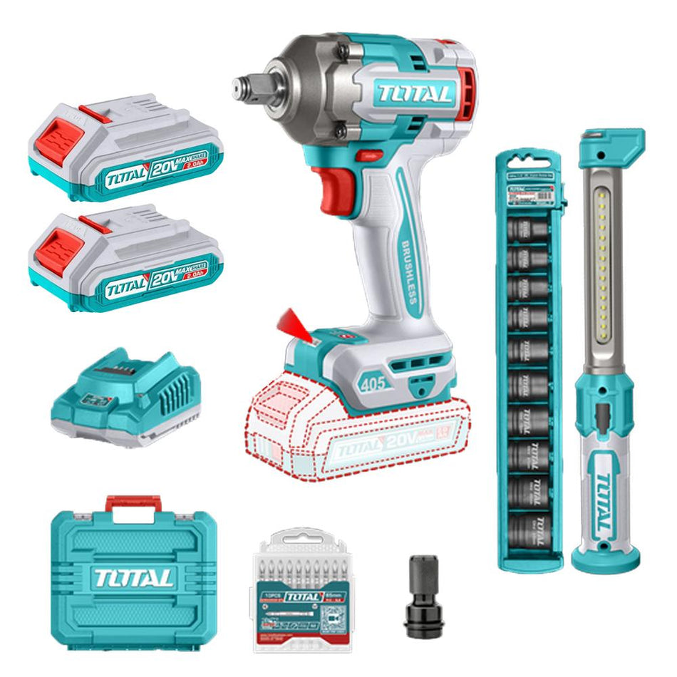 COMBO INALAMBRICO 20V PISTOLA IMPACTO INALAMBRICO 1/2 405 NM + LAMPARA DE TRABAJO 300 LUMENES RECARGABLE + 10 COPAS 1/2 (10-24MM)+ ADAPTADOR DE 1/2 A 1/4 + 2 BATERIA 2.0 AH + ACCESORIOS Y SUPER TOTAL (UTOSLI23056)