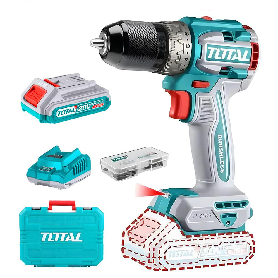 TALADRO DE IMPACTO INALAMBRICO 1/220V INCLUYE 2 BATERIA DE 2.0AH, CARGADOR,47 ACCESORIOS,3 BROCAS CONCRETO TOTAL (UTIDLI20602)