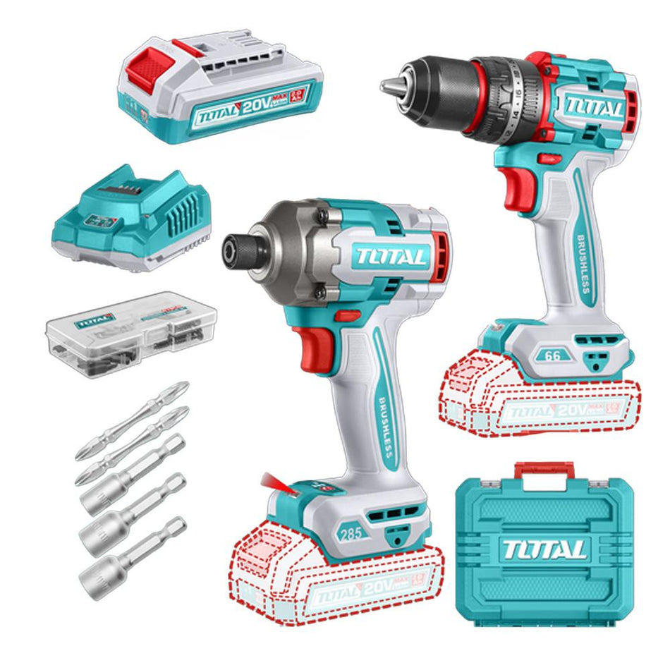 COMBO INALAMBRICO TALADRO 1/2" 66 N.M + ATORNILLADOR DE IMPACTO 1/4" 20V 285 N.M INCLUYE 2 BATERIA 2.0AH , 1 CARGADOR Y ACCESORIOS INDUSTRIAL SUPER TOTAL (UTCKLI20277)