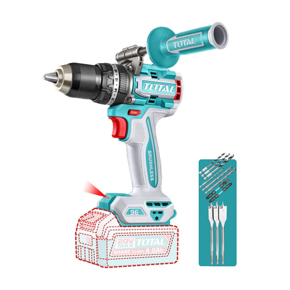 TALADRO DE IMPACTO INALAMBRICO 1/2 96 N.M 20V INCLUYE MANGO AUXILIAR Y 11 ACCESORIOS, BATERIA CARGADOR SE VENDE POR SEPARADO, INDUSTRIAL SUPER TOTAL (TIDLI209685)