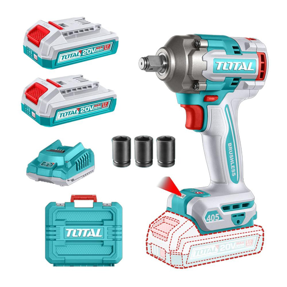 PISTOLA IMPACTO INALAMBRICA 1/2" 20V 405 NM INCLUYE  3 COPAS 17,19,21, 2 BATERIAS 1 CARGADOR INDUSTRIAL SUPER TOTAL (UTIWLI2045)