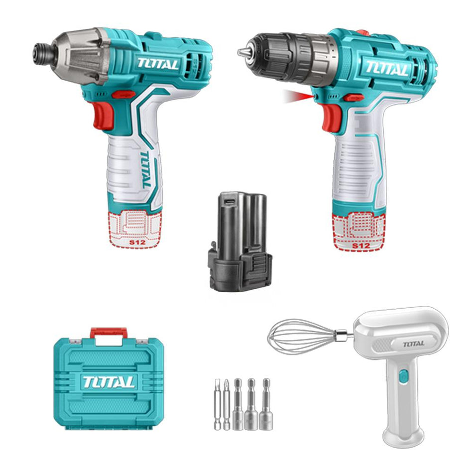 COMBO INALAMBRICO ATORNILLADOR DE IMPACTO + TALADRO 3/8" INCLUYE 6 ACCESORIOS + DOS BATERIAS 1.5AH + BATIDORA CARGADOR SE VENDE POR SEPARADO TOTAL (TOSLI240205)