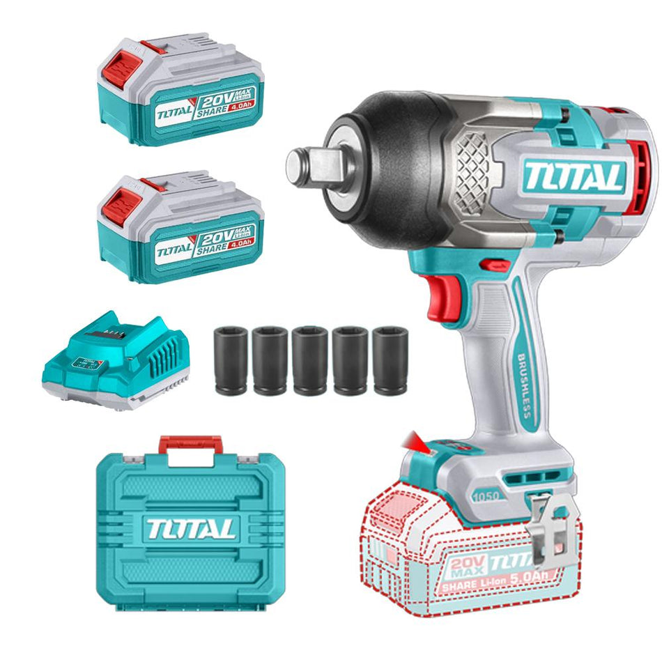 PISTOLA IMPACTO INALAMBRICA 3/4 20V 1050 NM INCLUYE 2 BATERIAS 5.0AH + CARGADOR Y 5 COPAS 24,27,30,32,33 MM, INDUSTRIAL SUPER TOTAL (UTIWLI20105)