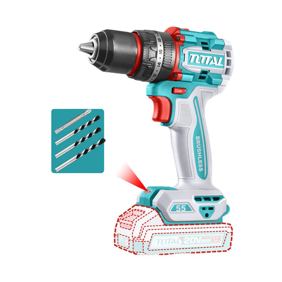 TALADRO INALAMBRICO PERCUTOR 1/2" 20V 55 N.M CARGADOR Y BATERIA NO INCLUIDO SUPER TOTAL (TIDLI205581)