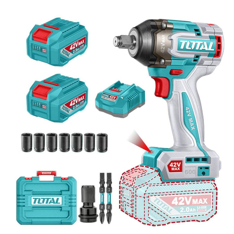 PISTOLA IMPACTO 42V 600 NM INCLUYE 2 BATERIAS 1 CARGADOR COPAS , PUNTA DESTORNILLADOR Y ADAPTADOR INDUSTRIAL SUPER TOTAL(UTIWLI42602)