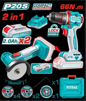 COMBO INALAMBRICO 20V X 2 PZS TALADRO 1/2 66 N.M + MINI PULIDORA 3" INCLUYE 2 BATERIAS 2.0 AH + CARGADOR + 7 DISCOS Y 47 ACCESORIOS INDUSTRIAL SUPER TOTAL (UTCKLI20766)