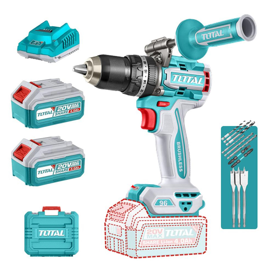 TALADRO INALAMBRICO PERCUTOR 1/2 20V 96 N.M INCLUYE 2 BATERIA DE 4.0AH, CARGADOR, INCLUYE ACCESORIOS INDUSTRIAL SUPER TOTAL (UTIDLI209686)