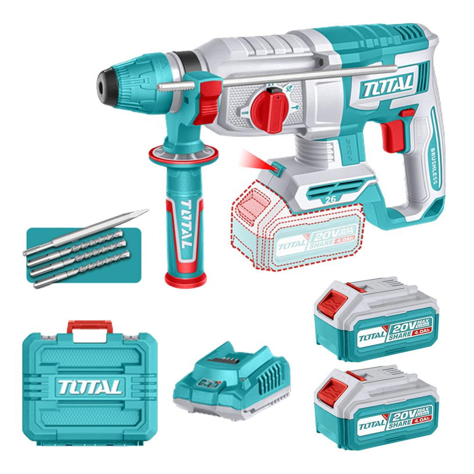 TALADRO ROTOMARTILLO 1" 20V SDS PLUS 2.5 JULES INCLUYE 3 BROCAS , 1 CINCEL CARGADOR Y BATERIA INDUSTRIAL TOTAL (UTRHLI202682)