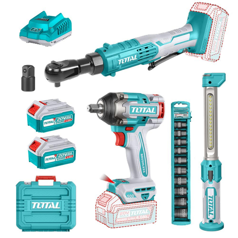 COMBO INALAMBRICO 20V PISTOLA DE IMPACTO 1/2 500 NM + RACHE 65NM + LAMPARA DE TRABAJO 300 LUMENES + 2 BATERIAS 4.0AH Y CARGADOR INCLUYE ACCESORIOS INDUSTRIAL SUPER TOTAL ( UTOSLI250981)
