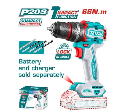 TALADRO ATORNILLADOR INALAMBRICO 1/2 20V 66 NM (SIN BATERIA Y CARGADOR) SE VENDEN POR SEPARADO ,INCLUYE 4 ACCESORIOS INDUSTRIAL SUPER TOTAL (TIDLI206681)