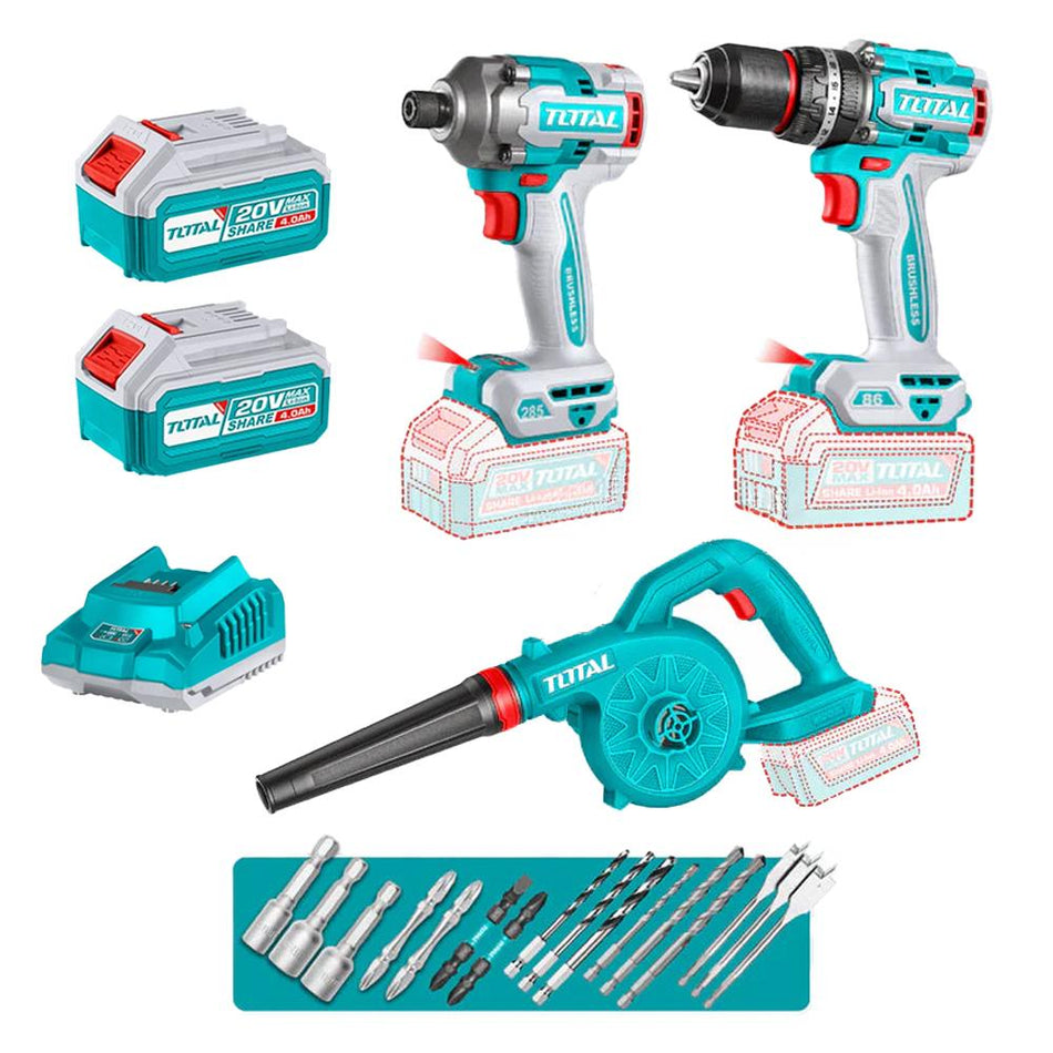 COMBO INALAMBRICO 20V TALADRO PERCUTOR ATORNILLADOR 1/2 86NM + ATORNILLADOR DE IMPACTO 1/4 285NM + SOPLADOR + 2 BATERIAS 2.0AH Y CARGADOR INCLUYE ACCESORIOS INDUSTRIAL SUPER TOTAL(UTOSLI250883)