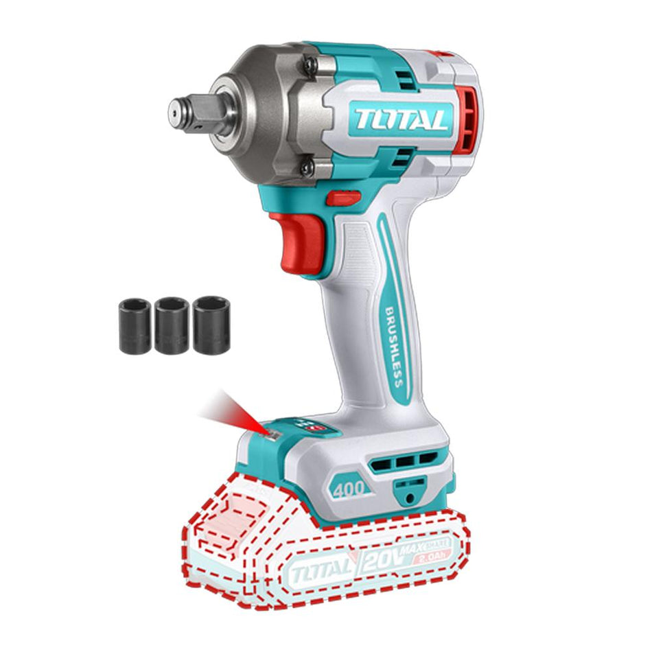 PISTOLA IMPACTO INALAMBRICA 1/2 20V 400NM INCLUYE 3 COPAS 17,19,21 MM, CARGADOR Y BATERIA SE VENDEN POR SEPARADO INDUSTRIAL SUPER TOTAL (TIWLI20401)