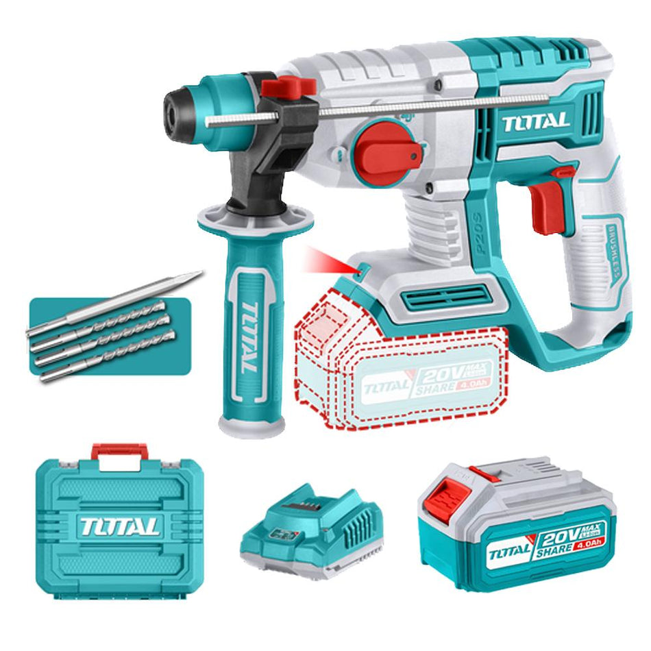 TALADRO ROTOMARTILLO 7/8" 20V SDS PLUS 2,0 JULES INCLUYE 1 BATERIA,1 CARGADOR Y 4 ACCESORIOS INDUSTRIAL SUPER TOTAL (UTRHLI202081)