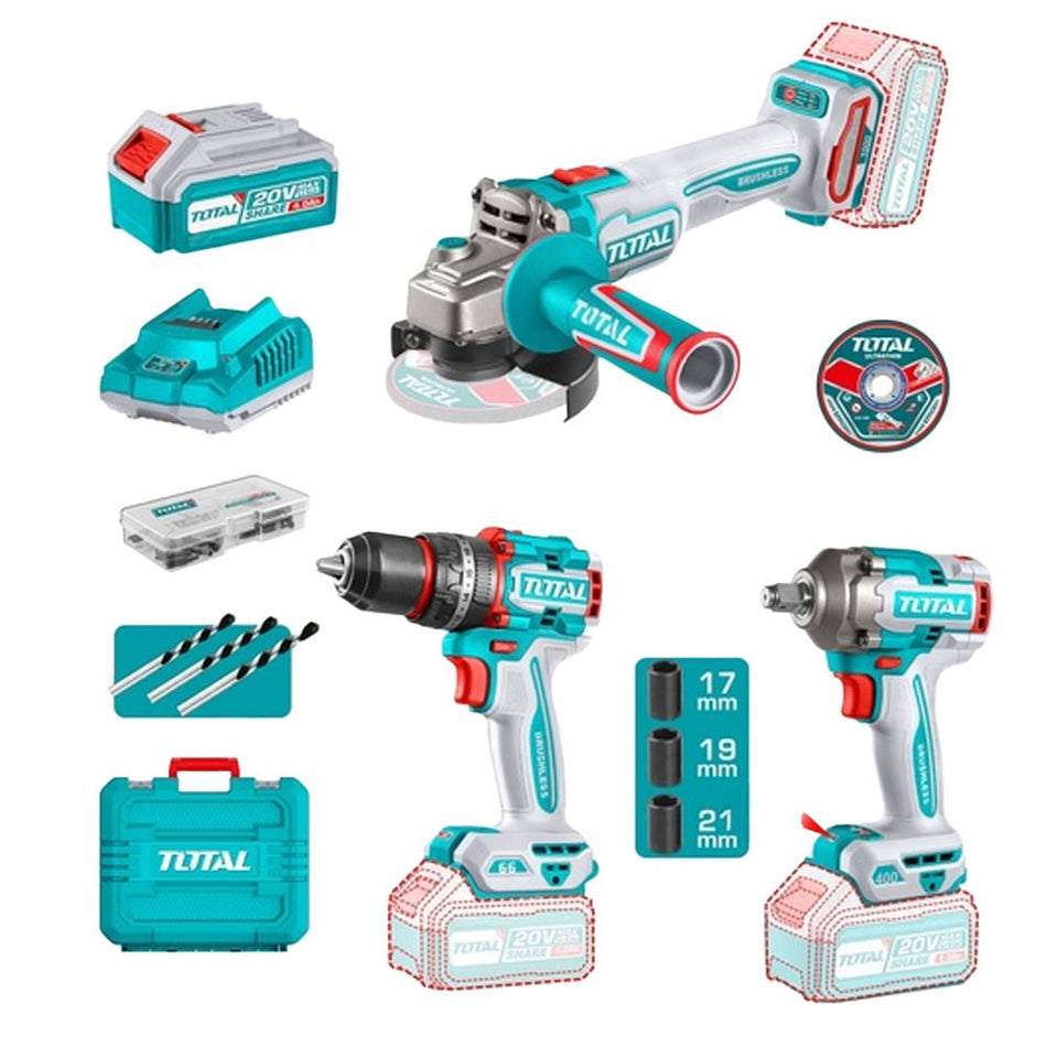 COMBO INALAMBRICO 20V TALADRO 1/2" 66NM + PULIDORA 4 1/2" 1000W + PISTOLA IMPACTO 1/2 400NM INCLUYE 2 BATERIA 20V(4.0AH),CARGADOR , 10 DISCOS DE CORTE Y ACCESORIOS INDUSTRIAL TOTAL (UTOSLI241291)
