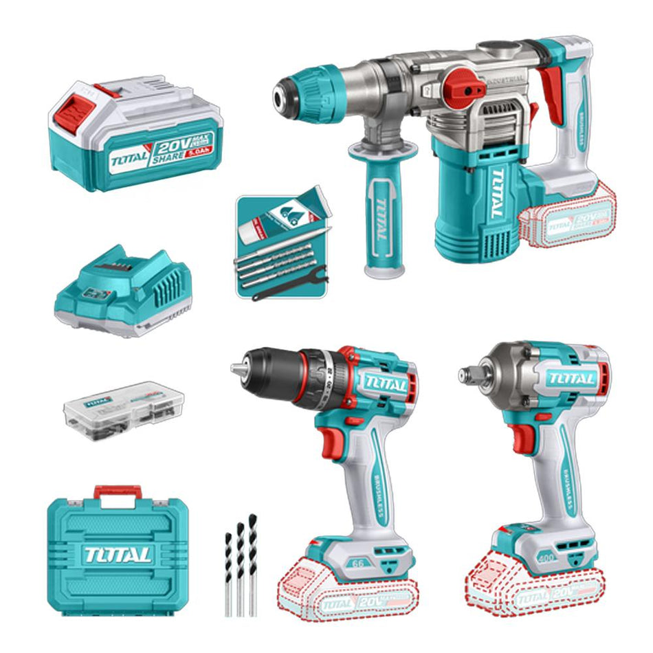 COMBO INALAMBRICO  20V  TALADRO  ATORNILLADOR 1/2" 66 NM  + PISTOLA DE IMPACTO 1/2" 400 NM + TALADRO ROTOMARTILLO SDS PLUS  4.5 JULES  INCLUYE 2 BATERIA 5.0AH , 1 CARGADOR Y ACCESORIOS  INDUSTRIAL  SUPER TOTAL (UTCKLI20638)