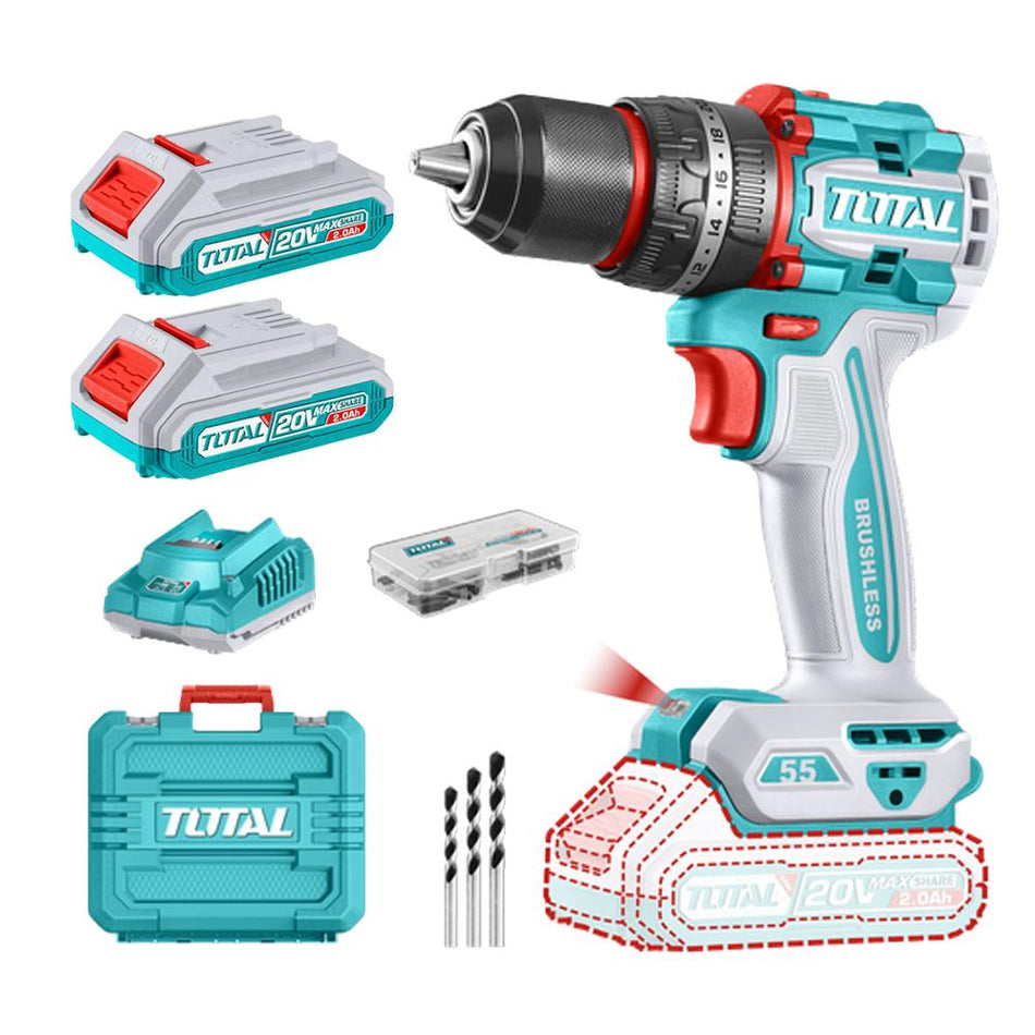 TALADRO INALAMBRICO PERCUTOR 1/2 20V 55 N.M INCLUYE 2 BATERIA DE 2.0AH, CARGADOR,47 ACCESORIOS,3 BROCAS CONCRETO INDUSTRIAL SUPER TOTAL (UTIDLI20558)