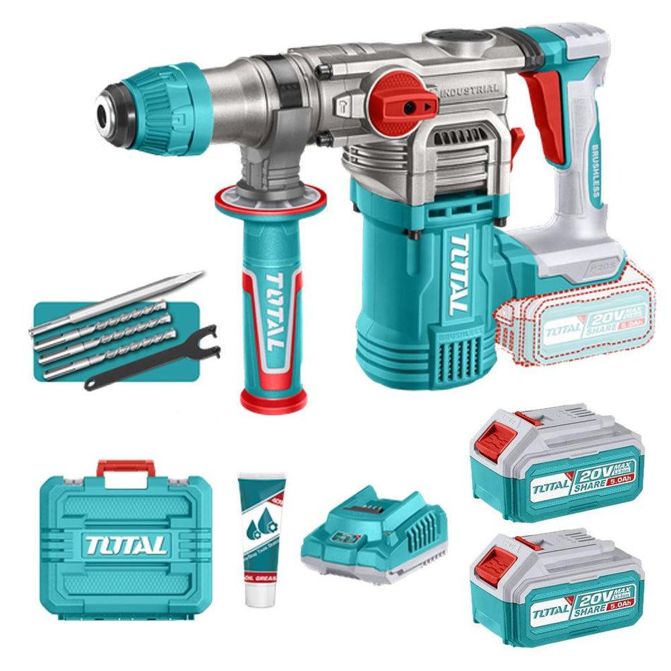TALADRO ROTOMARTILLO SDS PLUS 4.5 JULES INCLYE 2 BATERIAS 5.0 AH, 1 CARGADOR Y ACCESORIOS INDUSTRIAL SUPER TOTAL (UTRHLI202885)