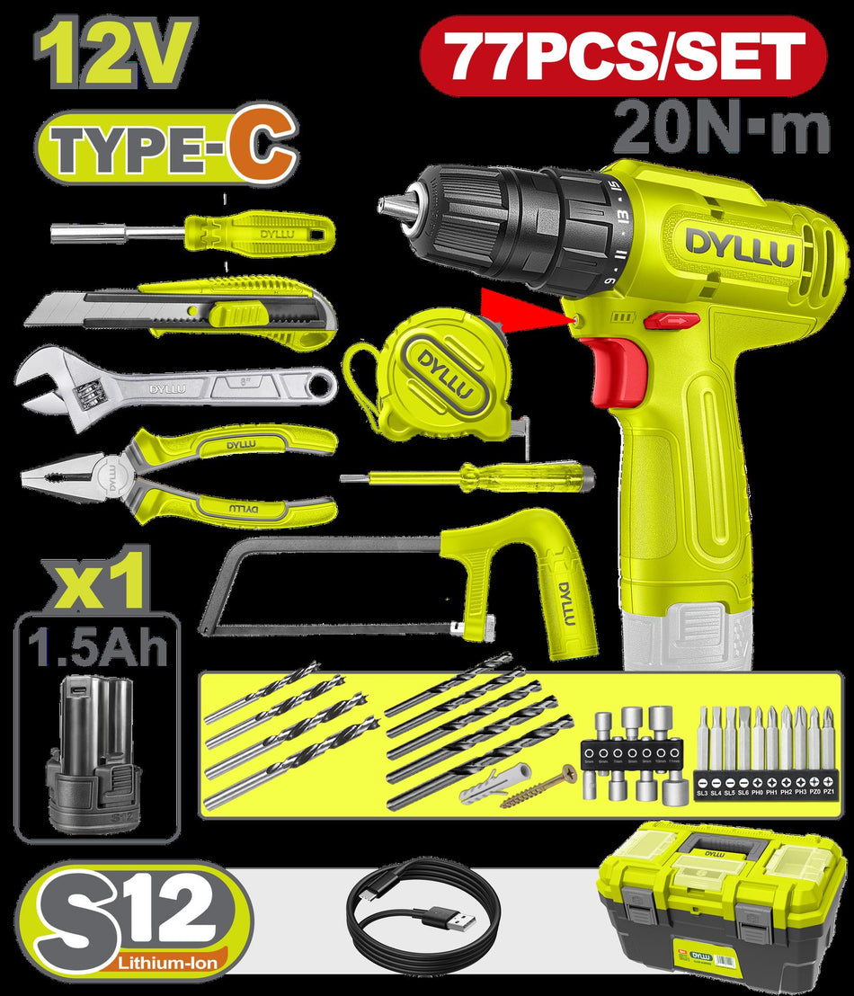 TALADRO INALAMBRICO 3/8 (10MM) 12V + KIT DE HERRAMIENTAS 77 PZS DYLLU (DTDT4B77)