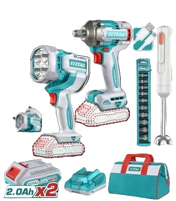 COMBO INALAMBRICO 20V PISTOLA IMPACTO INALAMBRICA 1/2 400 NM + LAMPARA DE TRABAJO INALAMBRICA 2000 LUMENES + BATIDORA RECARGABLE INCLUYE 2 BATERIAS 2.0 AH, CARGADOR Y COPAS INDUSTRIAL SUPER TOTAL (UTOSLI240961)