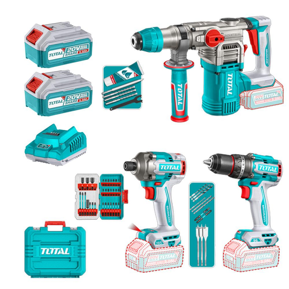 COMBO INALAMBRICO 20V TALADRO PERCUTOR 1/2" 66 NM + PISTOLA DE IMPACTO 1/4" 285 NM + TALADRO ROTOMARTILLO SDS PLUS 4.5 JULES INCLUYE 2 BATERIA 5.0AH , 1 CARGADOR Y ACCESORIOS INDUSTRIAL SUPER TOTAL (UTOSLI250693)