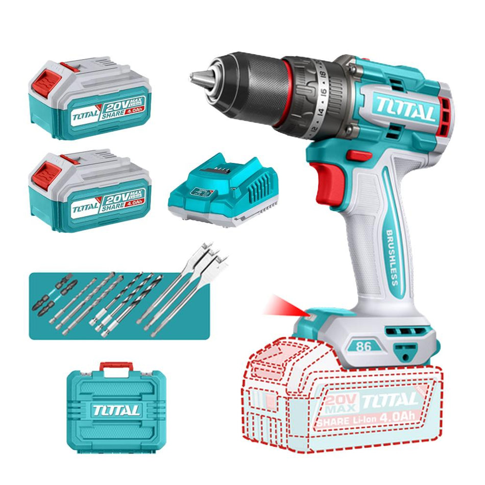TALADRO INALAMBRICO PERCUTOR 1/2" 86 NM 20V CAJA PLASTICA INCLUYE 2  BATERIA 4.0AH, 1 CARGADOR Y ACCESORIOS INDUSTRIAL SUPER TOTAL (UTIDLI208682)