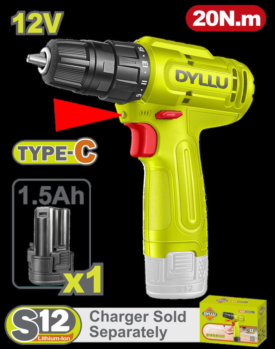 TALADRO INALAMBRICO 3/8" 12V 20NM INCLUYE 1 BATERIA 1.5 AH DYLLU (DTCDS518)