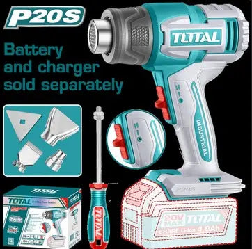 PISTOLA CALOR INALAMBRICA 20V CON TEMPERATURA AJUSTABLE INCLUYE 4 BOQUILLAS 1 RASCADOR BATERIA Y CARGADOR NO INCLUIDO INDUSTRIAL SUPER TOTAL (TBLI2006)