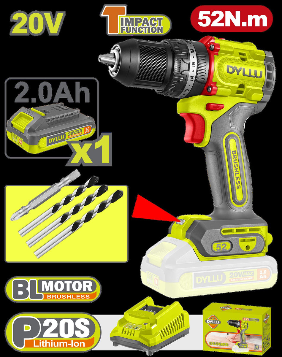 TALADRO INALAMBRICO PERCUTOR 1/2" 52 NM 20V CAJA PLASTICA INCLUYE 1 BATERIAS 20V (2.0AH), 1 CARGADOR Y ACCESORIOS DYLLU (UDTCDP5282)