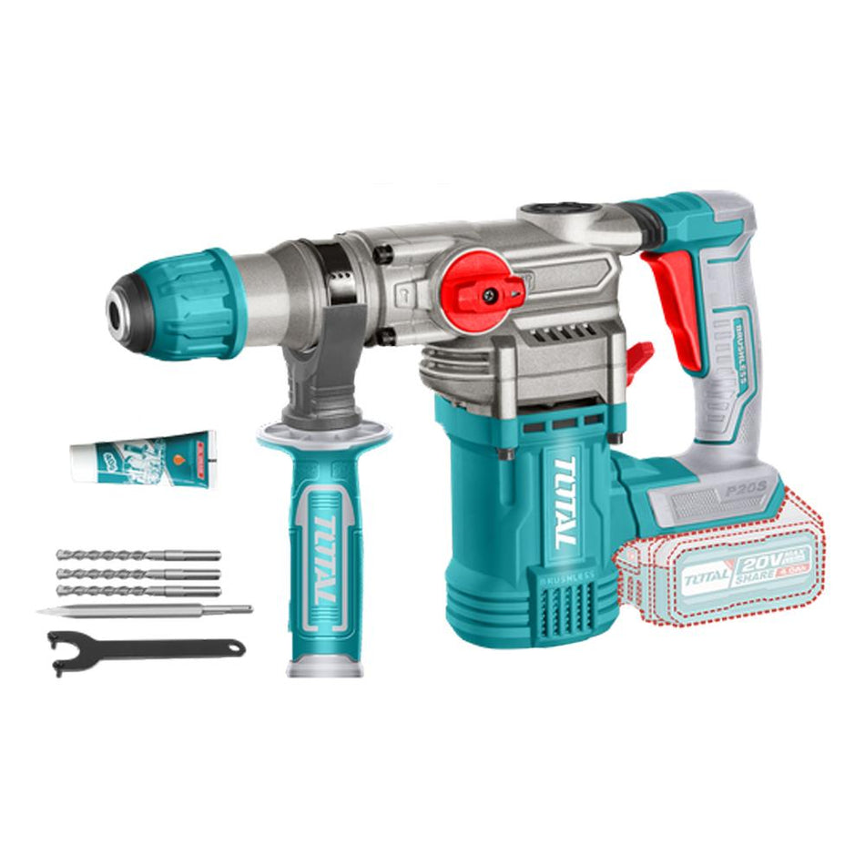 TALADRO ROTOMARTILLO SDS PLUS 4.5 JULES INCLYE ACCESORIOS CARGADOR Y BATERIA NO INCLUIDO INDUSTRIAL TOTAL (TRHLI20288)