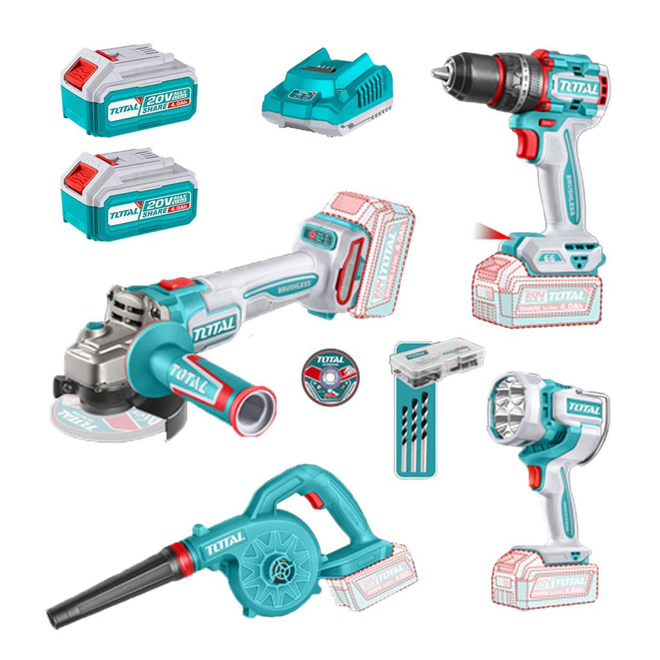 COMBO INALAMBRICO 20V TALADRO PERCUTOR ATORNILLADOR 1/2 66NM + SOPLADORA + PULIDORA 4 1/2 INDUSTRIAL 20V 1000W + LAMPARA DE TRABAJO 2000 LUMENES + 2 BATERIAS 4.0AH + CARGADOR INCLUYE ACCESORIOS INDUSTRIAL SUPER TOTAL (UTOSLI250993)