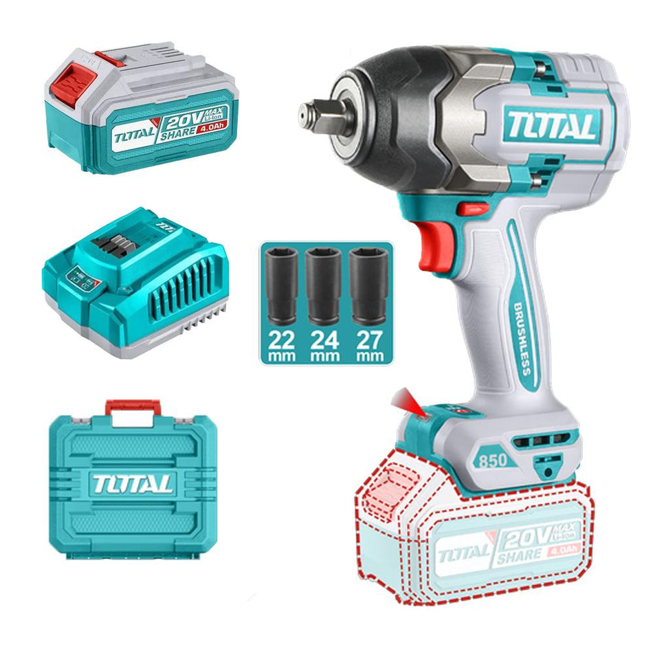 PISTOLA IMPACTO INALAMBRICA 1/2" 20V 850 N.M INCLUYE 2 BATERIAS 1 CARGADOR INDUSTRIAL SUPER TOTAL (UTIWLI2085)