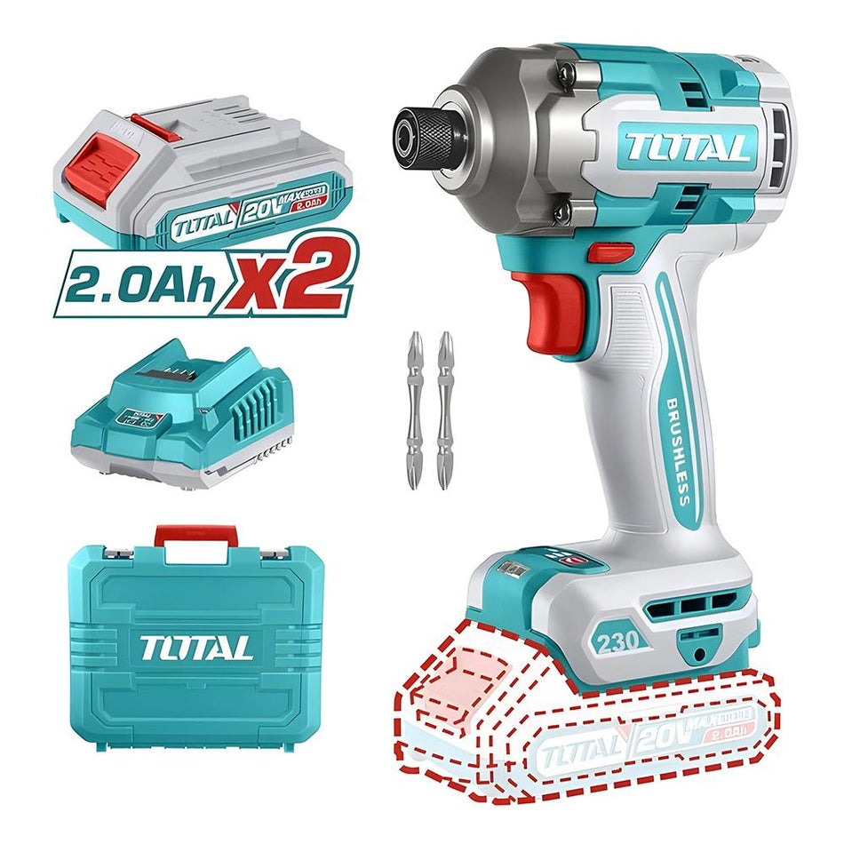 ATORNILLADOR DE IMPACTO INALAMBRICO 1/4 20V 230NM INCLUYE 2 BATERIAS, 2 PUNTA TALADRO INDUSTRIA SUPER TOTAL (UTIRLI2023)