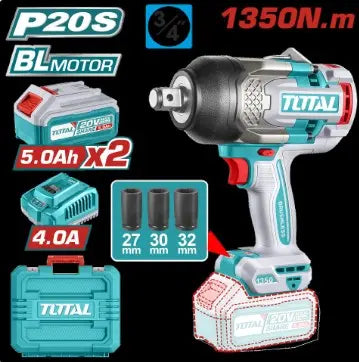 PISTOLA IMPACTO INALAMBRICA 3/4 20V 1350NM INCLUYE 2 (5.0 AH) BATERIAS 1 CARGADOR Y 3 COPAS 27,30,32 MM INDUSTRIAL SUPER TOTAL (UTIWLI20135)
