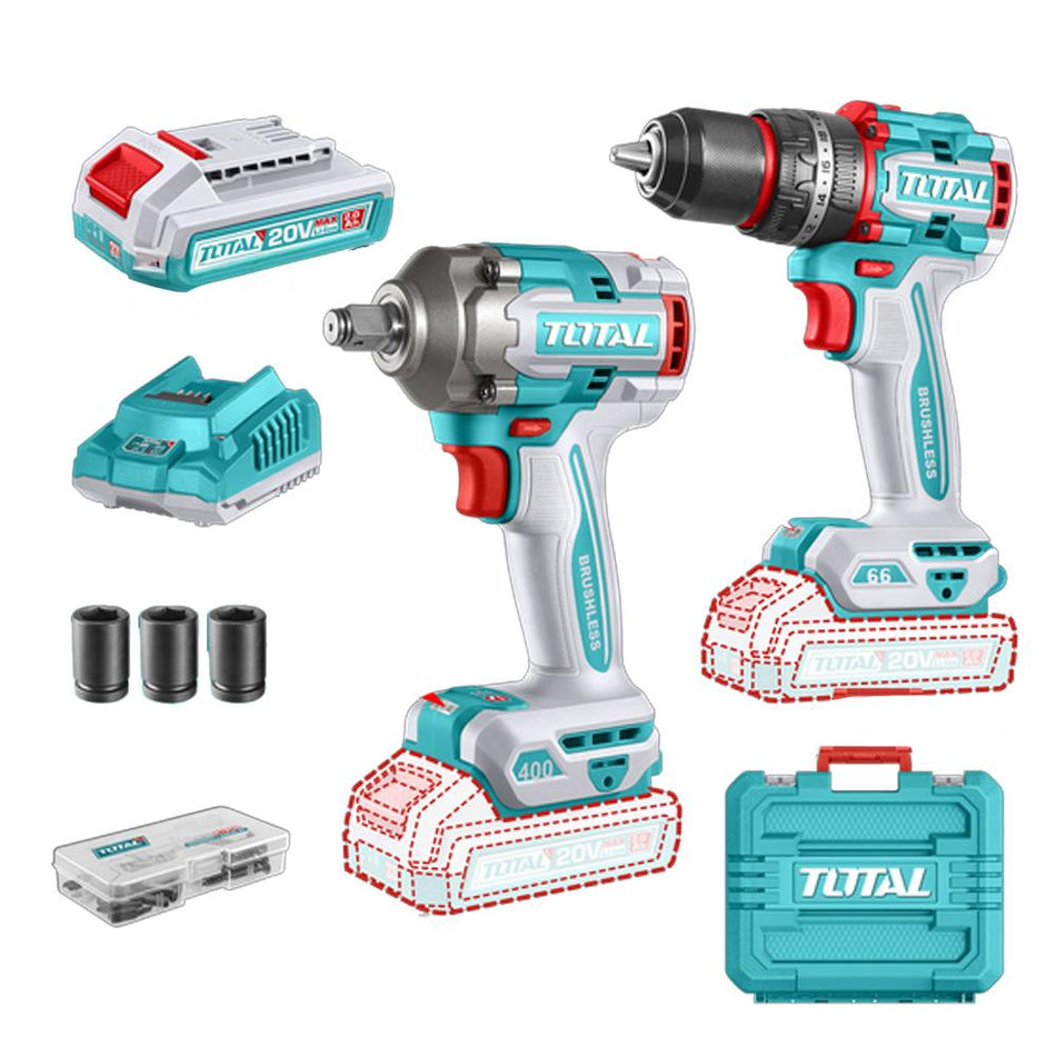 COMBO INALAMBRICO TALADRO 1/2" 66 N.M + ATORNILLADOR DE IMPACTO 1/2" 20V 400 N.M INCLUYE 2 BATERIA 2.0AH , 1 CARGADOR Y ACCESORIOS SUPER TOTAL (UTCKLI20275)